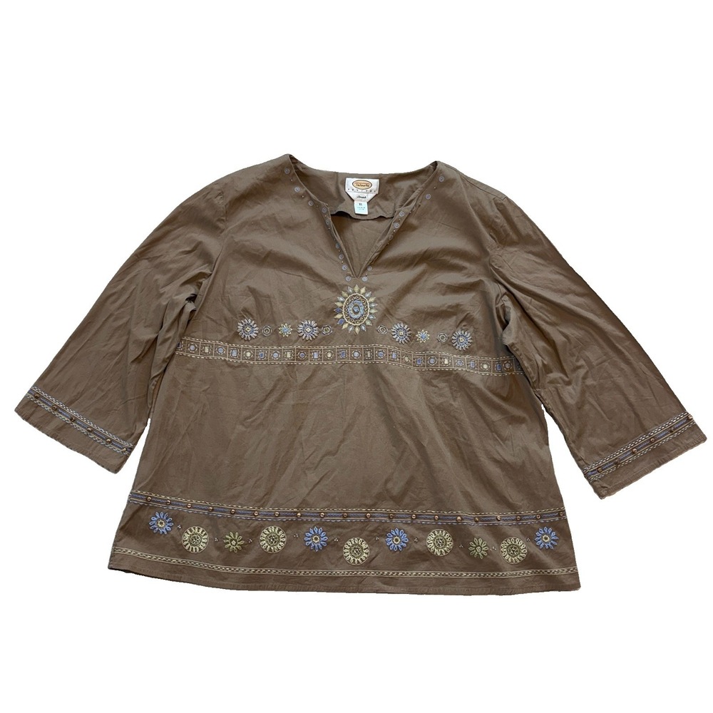 Vintage Talbots Shirt Women Size PXL Brown Beaded V-Neck 90s Y2K Top Bohemian